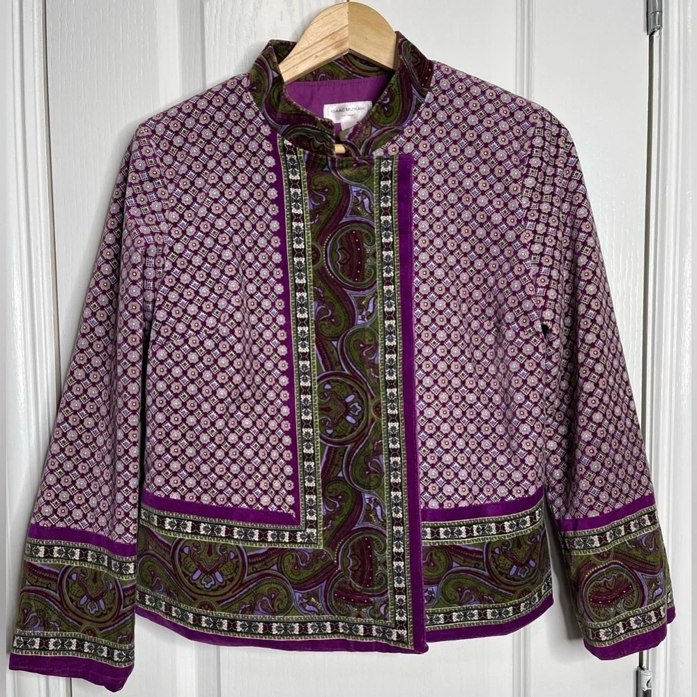 Isaac Mizrahi Artisan Velvet Paisley Jacket in Purple and Olive Size Medium - Picture 1 of 10